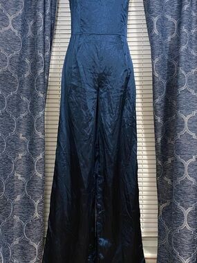 PrettyLittleThing Strapless Navy Satin Jumpsuit